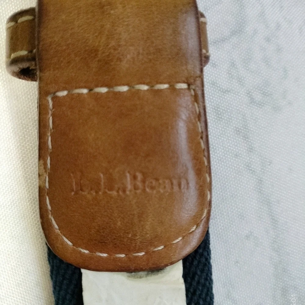 VINTAGE LL BEAN CANVAS LEATHER BELT ( MENS Sz 38) NAVY KHAKI STRIPED